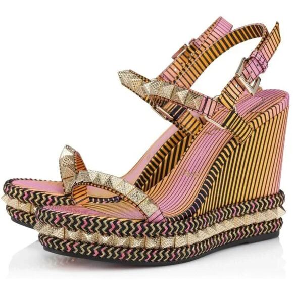 Christian Louboutin CL Pyraclou Wedge Sandal Aftersun Heels Spiked Platform 36 - Picture 1 of 8